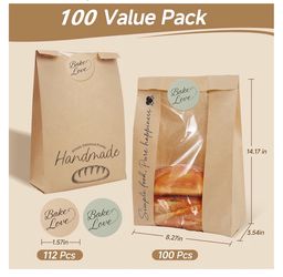 100Pcs Bread Bags for Homemade Bread with Clear Window 112 Stickers, Large Sourdough Bakery Bags for Bread Cookies Snacks Food Storage