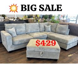 Corduroy Sectional Sofa With Storage Ottoman 106"W X 76"D X 35"H