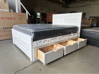 Queen bed and mattress with drawers