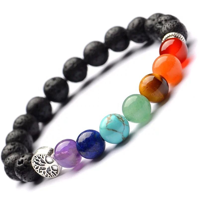 7 Chakra Meditation Bracelets 8mm with natural Lava stones and Tree of life