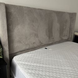 QUEEN BED FRAME, W/SLATES, GREY VELVET 