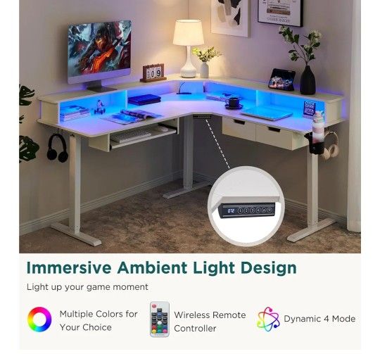 Desk 60 Inches L Shaped Electric Standing Desk, Height Adjustable Corner Gaming Desk with Drawers, Keyboard Tray, Power Outlets & LED Lights,