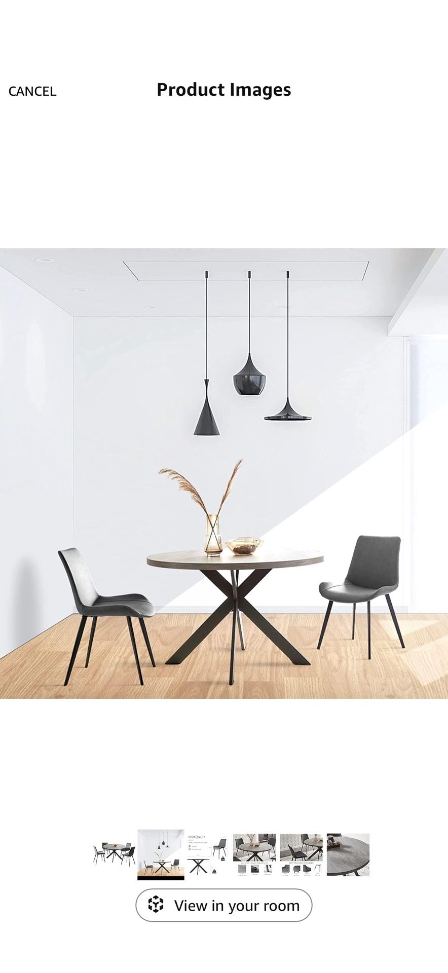 Round Dining Table for 4-6 People, 47" Modern Kitchen Table with Steel Legs, 2 leather chairs available