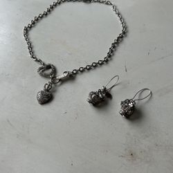 Juicy Couture Retired Silver Toned Heart Necklace With Rhinestones  With Earrings 