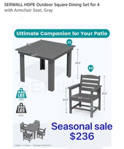😀 5 Pcs SERWALL HDPE Outdoor Square Dining Set, Outdoor Table with 4 Armless chair Seat, Gray