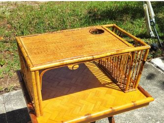 Vintage Tortoise Shell Bamboo Bed Table Breakfast Tray with Magazine Cup Holder. 