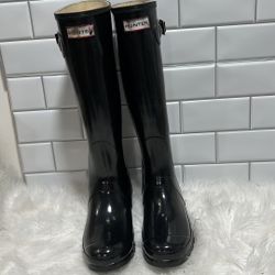 Hunter Original Back Adjustable Gloss Black Rain BOOTS Women's Size 9 