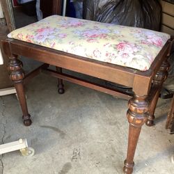 ANTIQUE BENCH W NEW FLORAL FABRIC