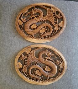 Pair Of Indonesian Wood Carvings - Dragons - BEAUTIFUL