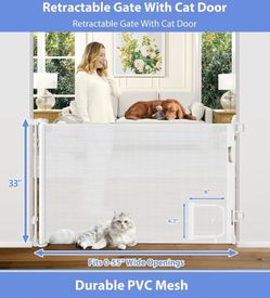 New Open Box-Retractable Baby Gate with Cat Door 55" Wide Retractable Baby Gate for Stairs -White