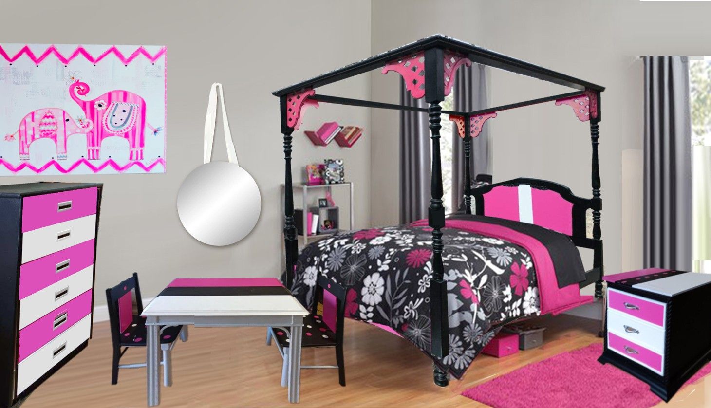 Beautiful Girls Custom Pink/Black & White Canopy Bedroom Set