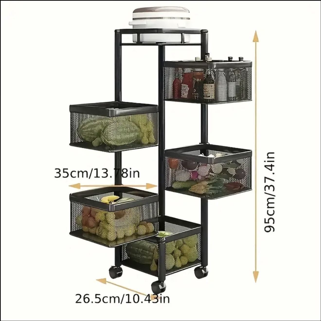 Rotating Kitchen Storage Shelf Rack (5-Tier), Multi-Layer Rotating Organizer Storage Basket, Floor-Standing Rolling Rack Multifunctional
