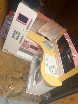Kids Wooden Play Kitchen Set Pink White