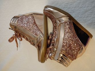 Women's Rose Gold Glitter-Wedge High-Top Sneakers