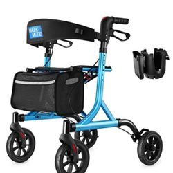 WALK MATE Rollator Walker for Seniors with Cup Holder, Upgraded Thumb Press Button for Height Adjustment, 4 x 8" Wheels Walker with Seat Padded Backre