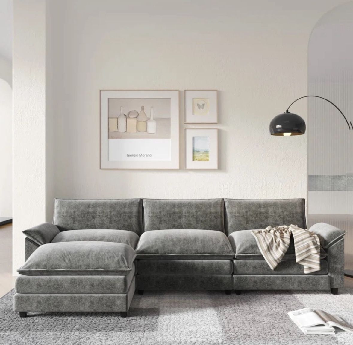 Gray L-Shape Couch With Ottoman