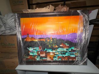 Large Hand-Painted Textured Spanish Cityscape – Framed
