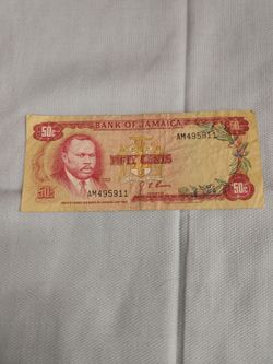 Vintage Jamaica 50 Cents Half Dollar Paper Money Banknote 1960 Law Circulated