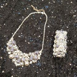 Fashion Jewelry Necklace Bracelet Set Silver Lavender Pearl 