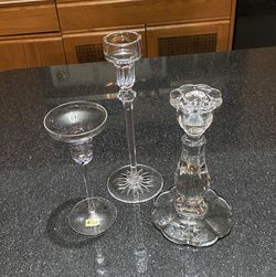 Eclectic Trio of Clear Crystal Taper Candle Holders