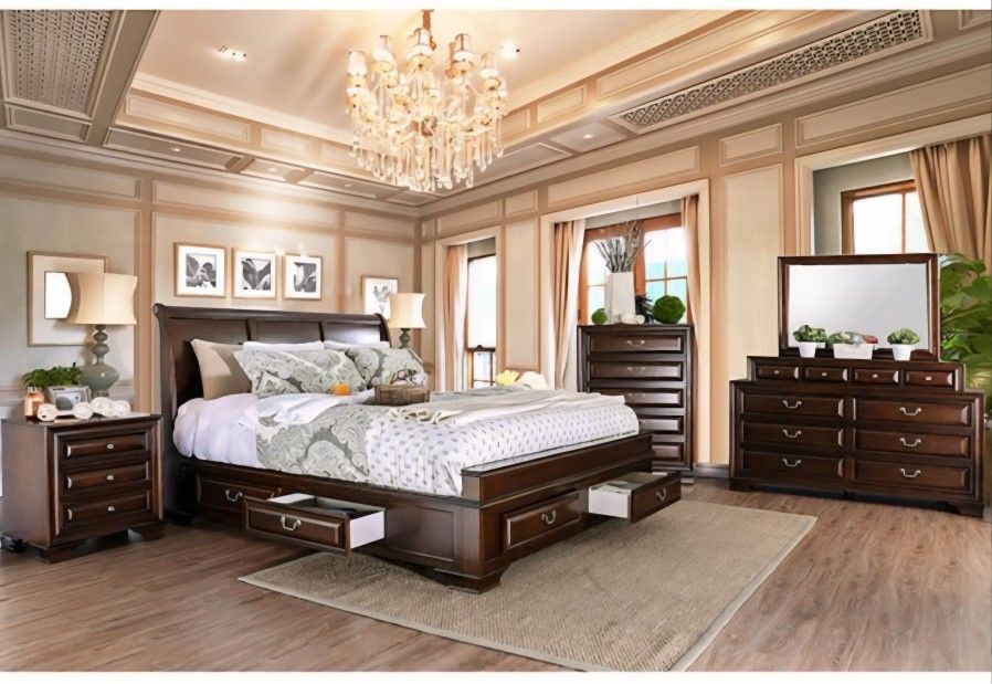 Bedroom Set 4 Pc Brown Cherry, New Especial Price