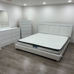 Queen White Bedroom Set Bed, Mattress, Dresser, Mirror, Chest And 2 Nightstands 