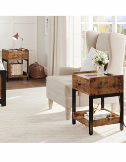 Set of 2 Bedside Table with Charging Station for Small Space, End Table with Storage Drawer and Shelf for Bedroom and Living Room, Easy Assembly, Stab