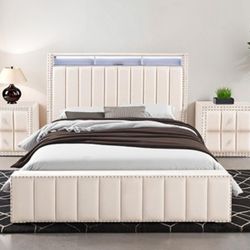 Brand New Beige Queen Bed Frame w Two Nightstands (Available In Full Size)