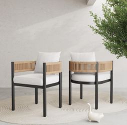 New Outdoor Dining Chair Set of 2, Natural  with Black Metal Frame