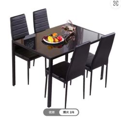 Black Glass Top Faux Leather Upholstered Modern 5-piece Dining Set - 4seat