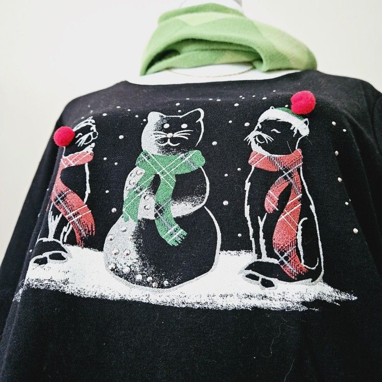 Size Medium Karen Scott Black Long-Sleeved 100% Cotton Shirt with Kitty Cats Design & Red Pom Pom Hat Tassels strategically placed & Express 100% Cash