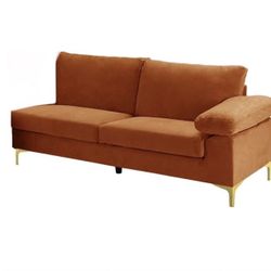 Modern 67” Orange Velvet One Arm Sofa With Gold Chrome Metal Legs