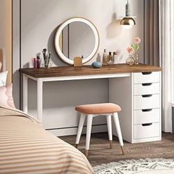 M-esa de T-ocador de 47 P-ulgadas con 5 C-ajones, Mesa de T-o-cador de Maquillaje de Estilo Rústico , Escritorio