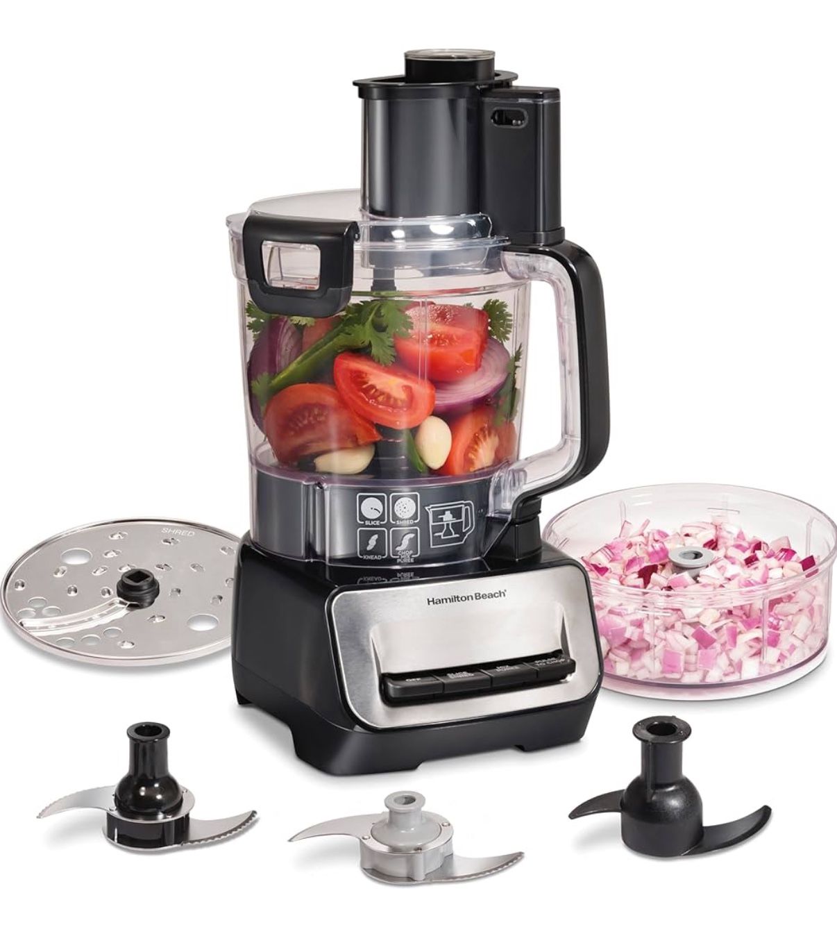Hamilton Beach Stack & Snap Food Processor and Vegetable Chopper, Stainless Steel Blades, 14 Cup + 4-Cup Mini Bowls, 3-Speed 500 Watt Motor, Black (70