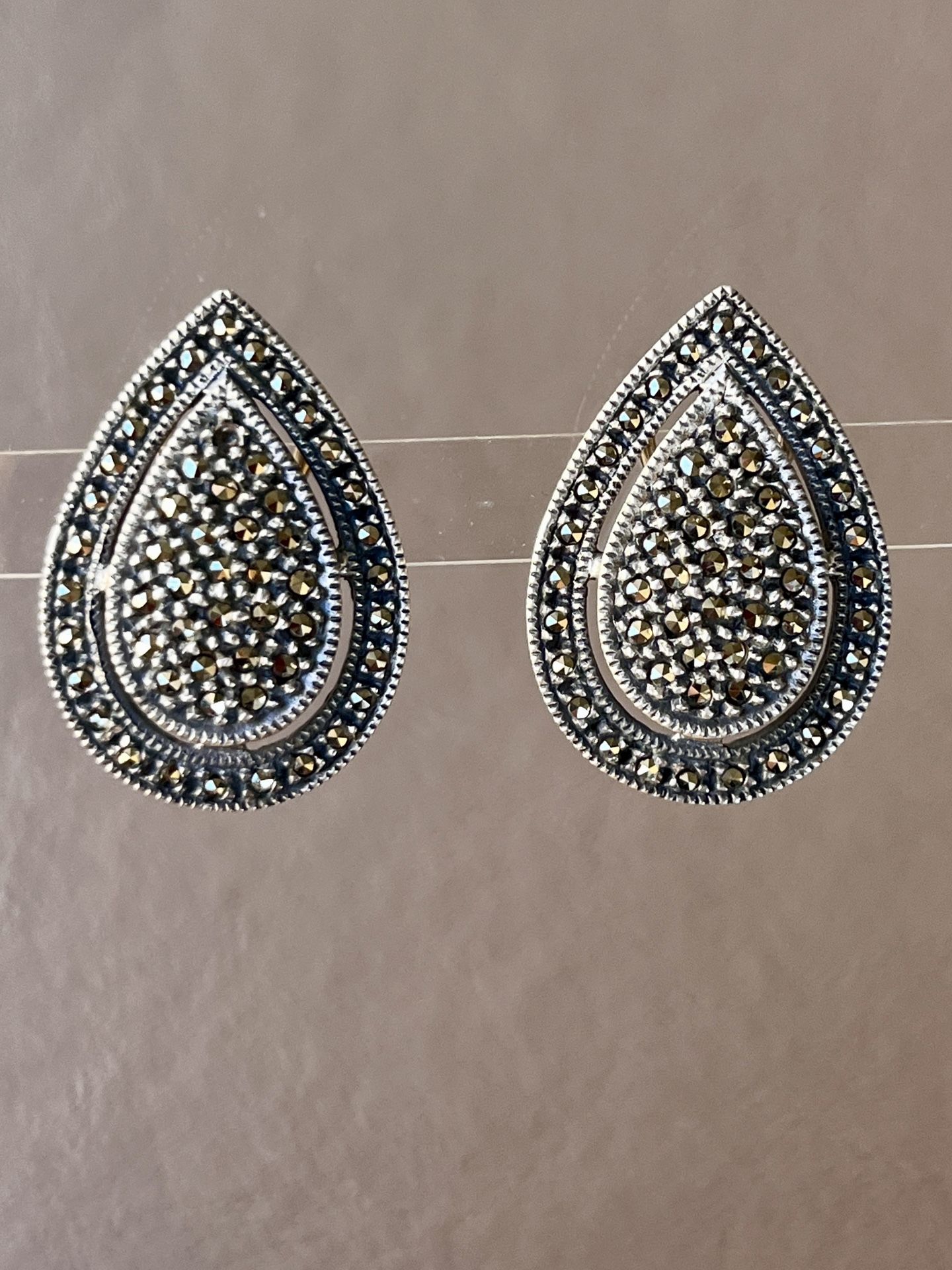 Vintage Sterling Silver JJ Judith Jack Earrings Marcasite Omega Back Teardrop