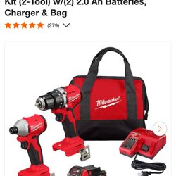 Milwaukee Impact & Drill with Batteries & Bag 