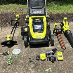 Ryobi 18 Volt 20 In Self Propelled Mower String/hedge Trimmer Leaf Blower Batteries And Chargers
