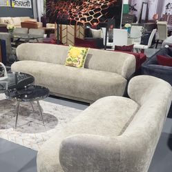 ASK PRIVE 2 PIECE LIVINGROOM SOFA LOVESEAT SET BEIGE BUCKLE VELVET