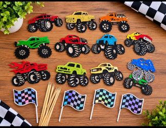 Package of 24 decorations for monster truck cupcakes, birthday party