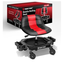 Rolling Stool with Wheels, Adjustable Height Pneumatic Garage Work Mechanic Stool Seat with Backrest, 400 LBS Capacity 360° Swivel Mechanic Crepper Ch