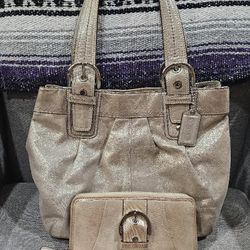 vintage Coach Champagne metallic shoulder bag with matching wallet 
