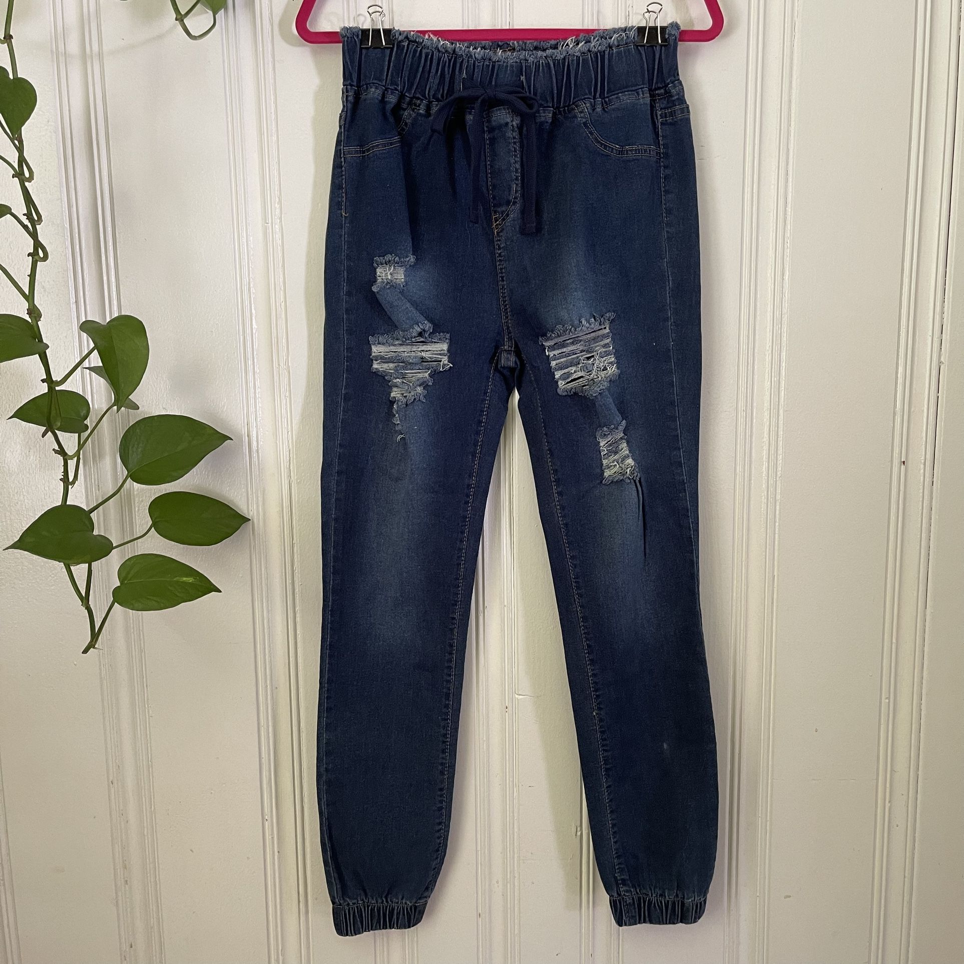Bamboo Jeans Women’s Blue Rioped Elastic Waist Jogger Style Denim Pants Size L
