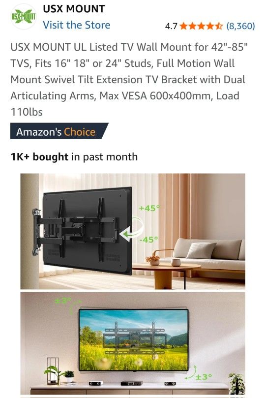 USX MOUNT TV Wall Mount for 42"-85" TV. Holds Up To 110lbs
