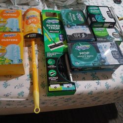 Swiffer Sweep + Mop Deluxe  W/ Wet Mopping Clothes And Heavy duty dry Clothes, Swiffer 3ft Duster  w/duster pads 