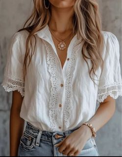 Plus Size Women's Lace Trim Linen Blend Blouse, Puff Short Sleeve Button-Down Shirt
