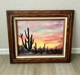 Vintage Southwestern Desert Sunset Oil Painting - Framed 16"x19" Stretched Canvas Board