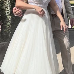 Strapless Pearl-Embellished Sweetheart Top & Pleated Tulle Midi Skirt