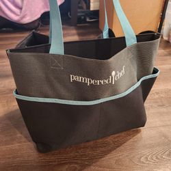 PAMPERED CHEF BLACK, GRAY & TEAL JUMBO SPRING 2021 HEAVY DUTY NYLON TOTE BAG, Clean great condition, 9"×17.5"×14" H