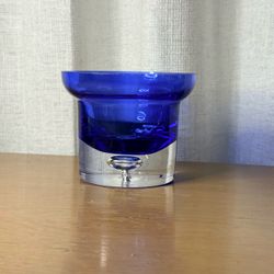 Vintage Cobalt Blue & Clear Glass Candle Holder • Heavy Art Glass • 4”
