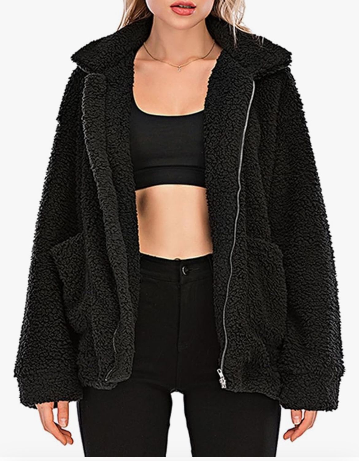 Comeon Winter Coats for Women Shaggy Fur Jacket Fuzzy Faux Shearling Zip Up Oversized Warm Shacket Outwear
